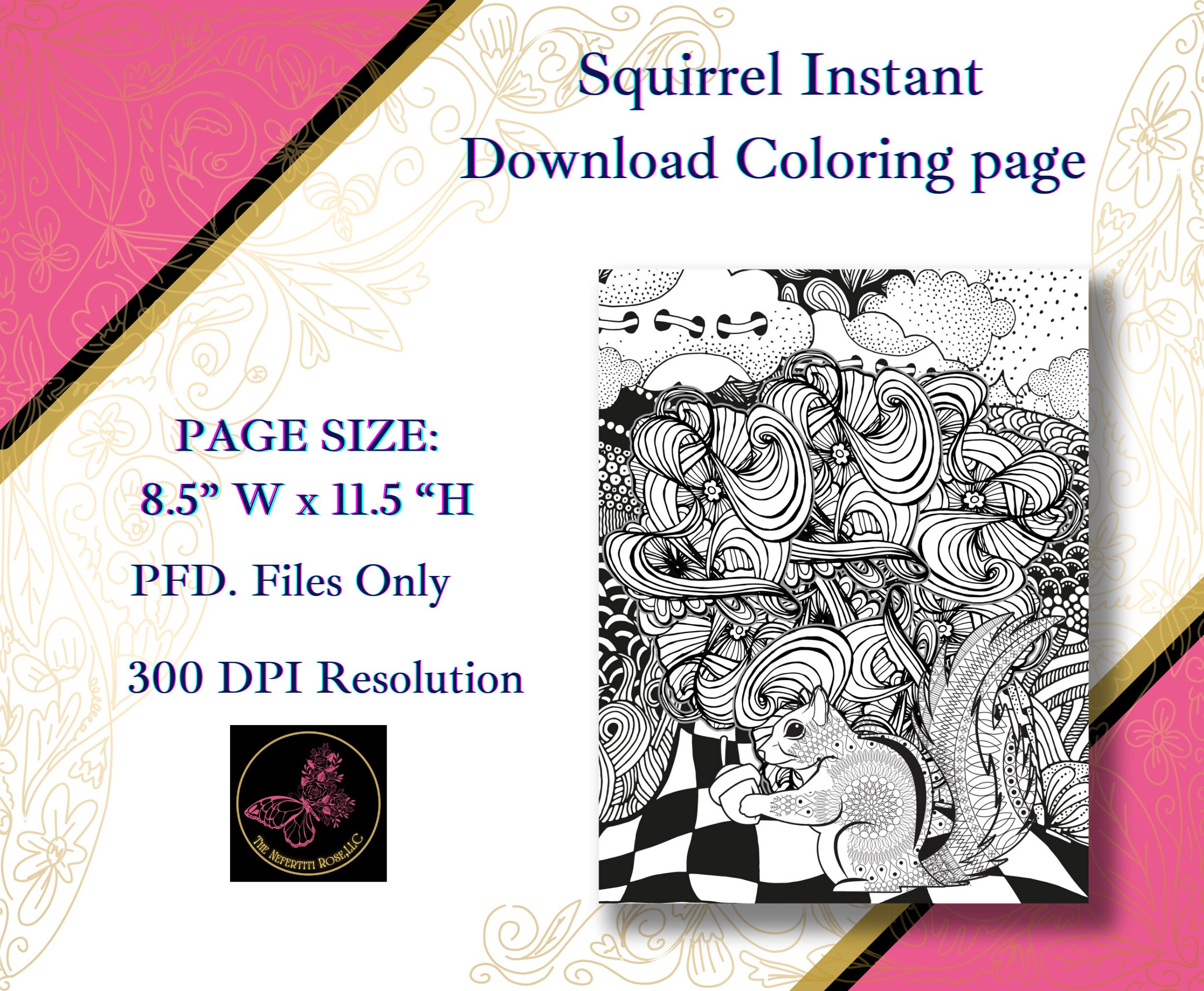 Squirrel psychedelic coloring page anxiety relief stress relief coloring art therapy coloring