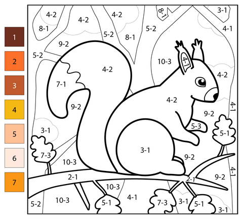 Subtraction color by number squirrel free printable coloring pages