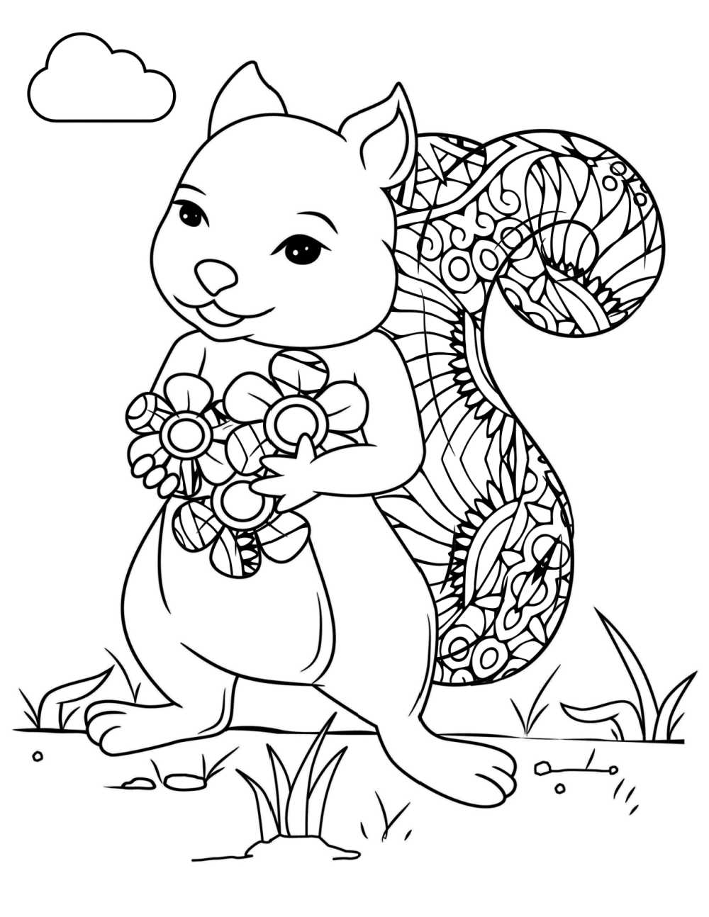 Free printable squirrel with flowers coloring page