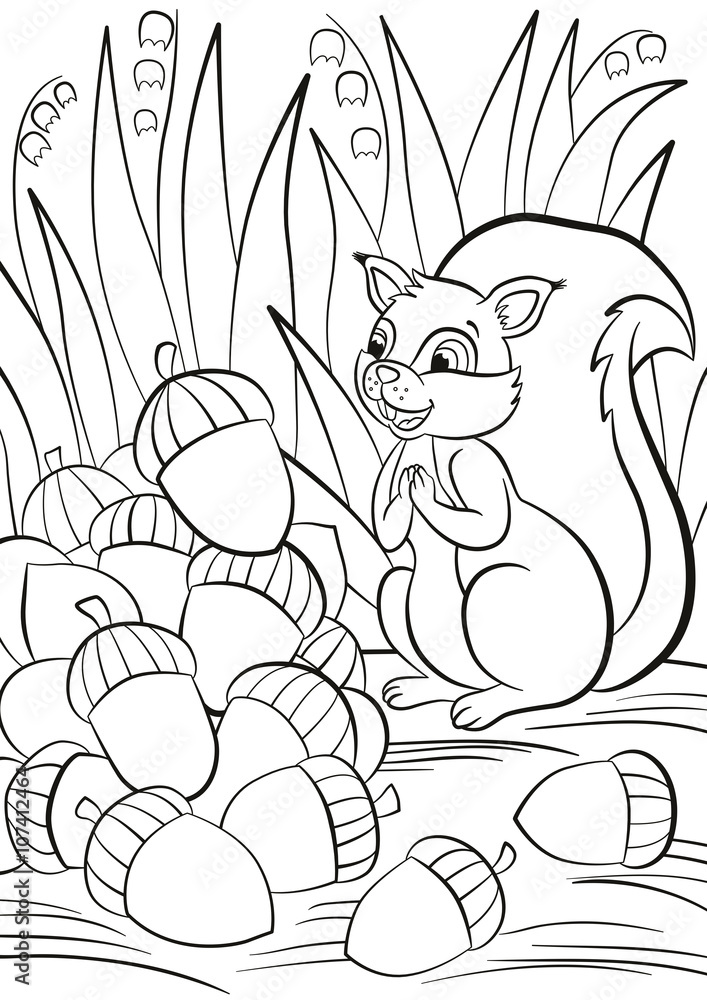 Coloring page little cute squirrel stands and looks at a pile of acorns the squirrel is surprised and happy vector