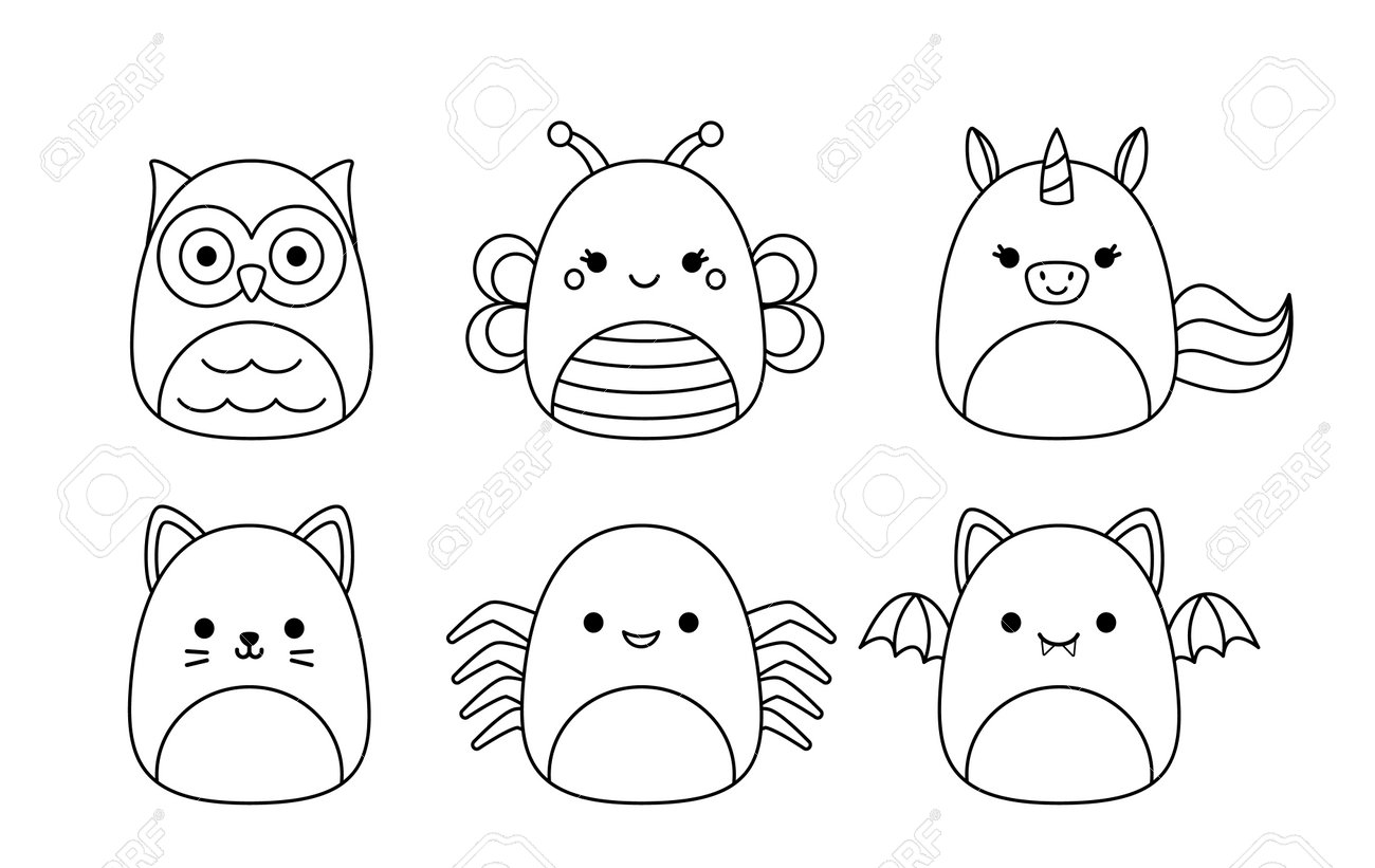 Owl butterfly spider cat unicorn bat squishmallow coloring page vector royalty free svg cliparts vectors and stock illustration image