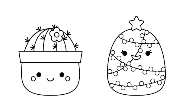 Premium vector cactus and christmas fir tree coloring page squishmallow black and white color me isolated vector illustration eps