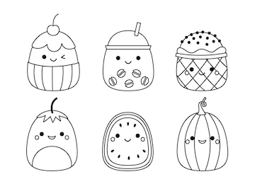 Premium vector cupcake coffee ice cream pumpkin squishmallow coloring page black and white vector