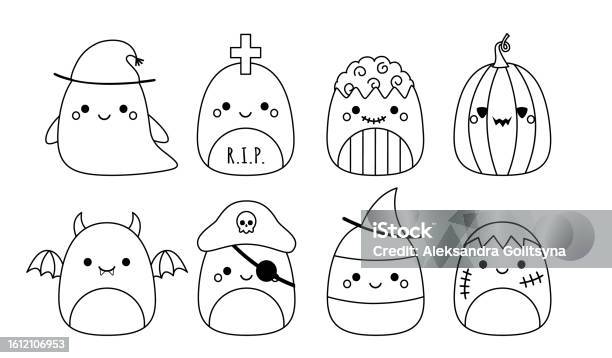 Halloween set squishmallow coloring page squishmallow black and white vector stock illustration