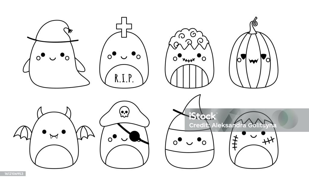 Halloween set squishmallow coloring page squishmallow black and white vector stock illustration