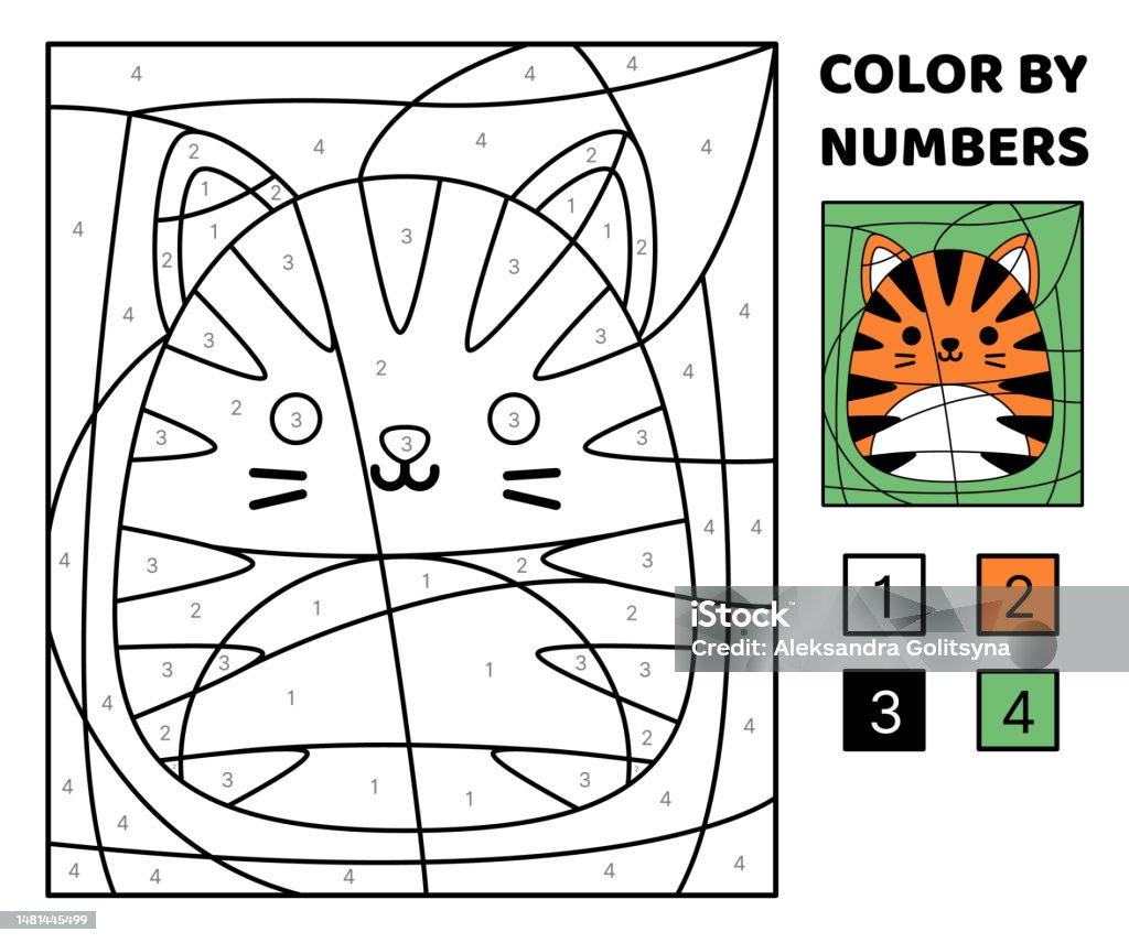 Tiger color by number squishmallow coloring page game for kids kawaii cartoon vector stock illustration