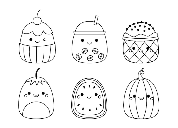 Premium vector cupcake coffee ice cream pumpkin squishmallow coloring page black and white vector