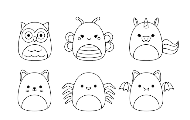 Premium vector owl butterfly spider cat unicorn bat squishmallow coloring page vector