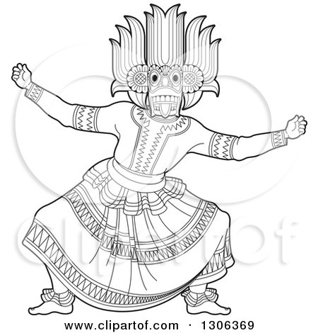 Clipart of a black and white traditional sinhala devil dancer in a horned mask