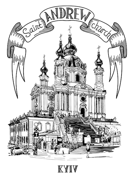 Premium vector drawing of saint andrew orthodox church by rastrelli