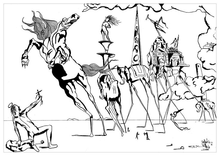 Coloring page inspired by the painting the temptation of saint anthony by salvador dali artist valentin coloring pages dali temptation of st anthony