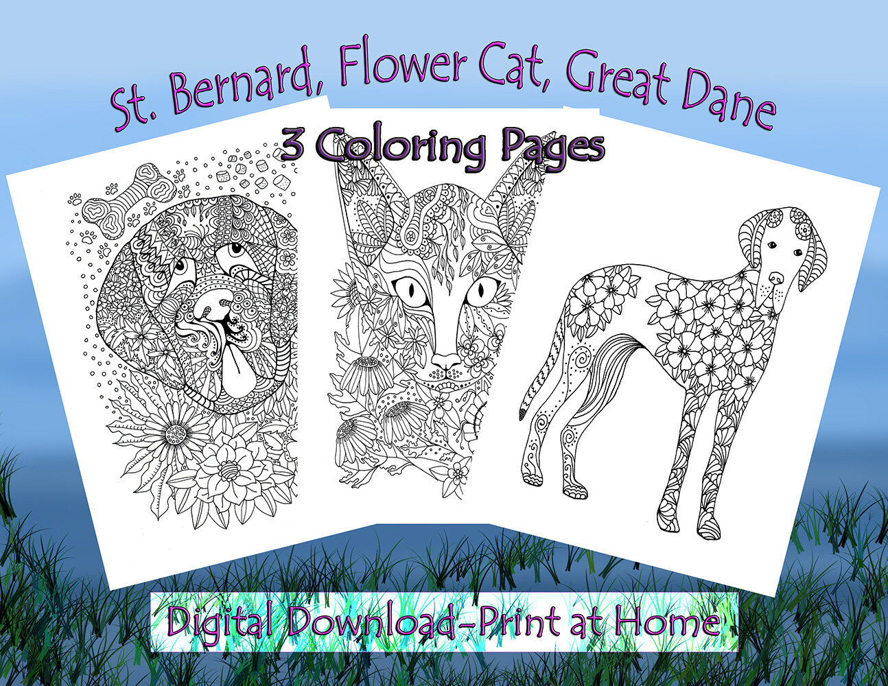 Dogs cat flowers coloring page bundle printable digital downloads original coloring pages for adults and kids â shop â fiber designs by ann