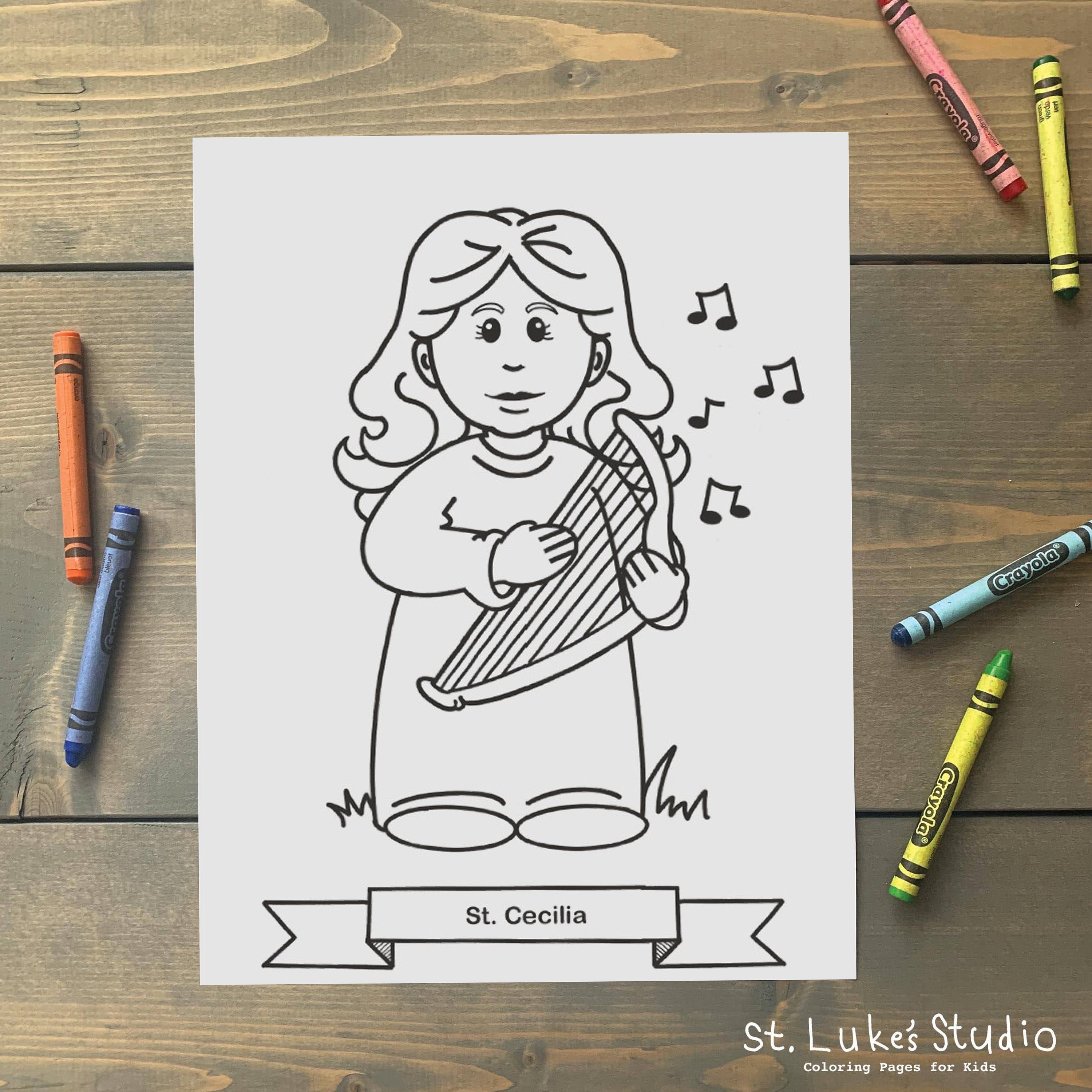 St cecilia coloring page for catholic kids digital download print yourself and color