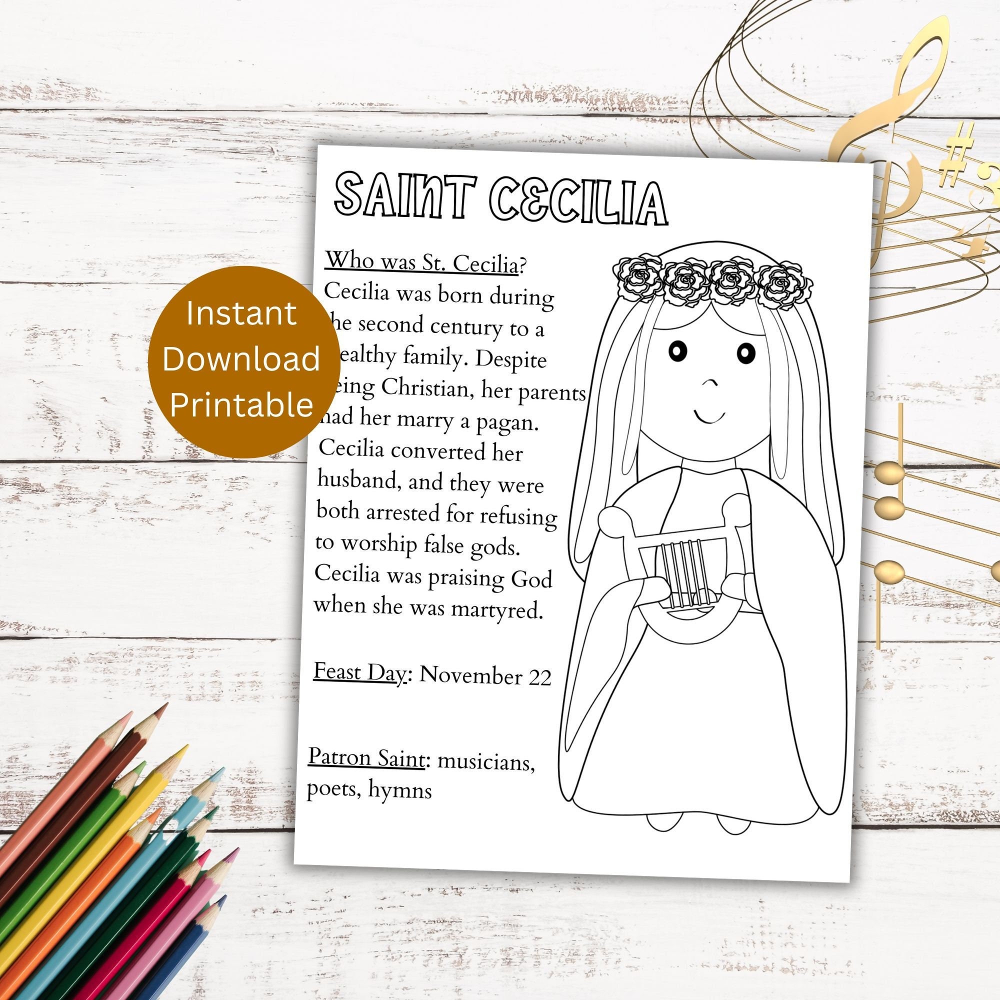 St cecilia coloring page printable coloring page saint coloring page catholic coloring page download now