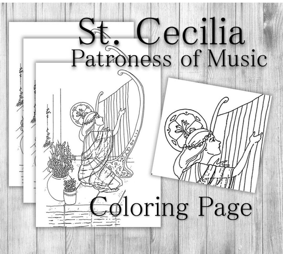 Saint cecilia patron of music printable coloring page featuring lilies and music christian art for girls adults and catholic musicians instant download