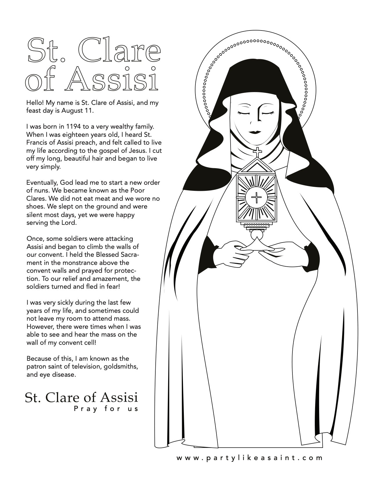 St clare of assisi coloring page and story â party like a saint