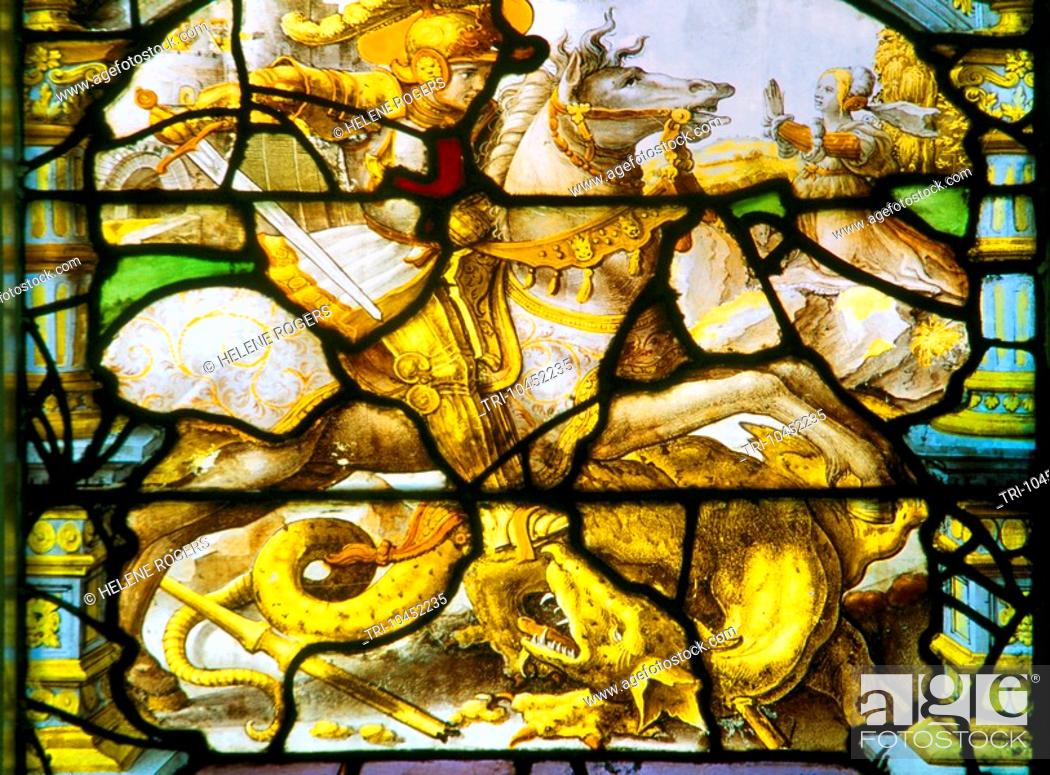 St george the dragon flemish stained glass st giles church ashtead stock photo picture and rights managed image pic tri