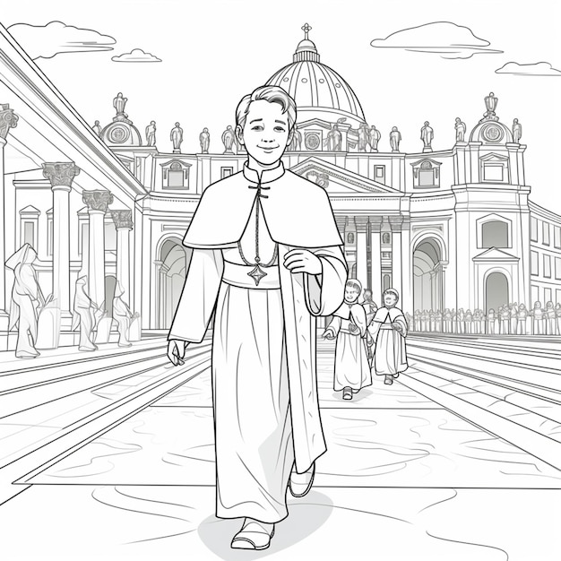 Premium ai image a coloring page of a man in a priests robes walking down a street generative ai