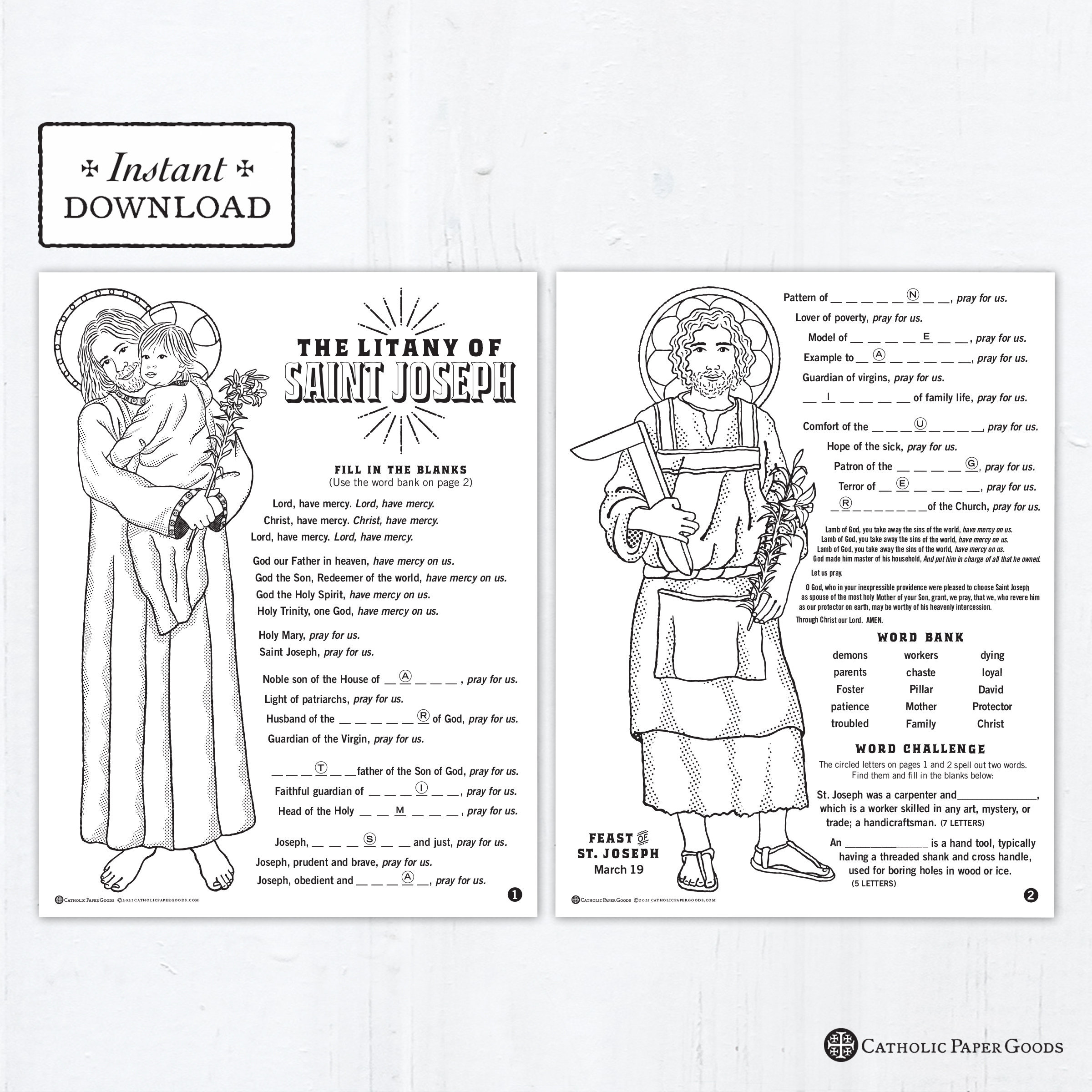 The litany of saint joseph catholic coloring pages and word game catholic saints printable coloring pages digital pdf