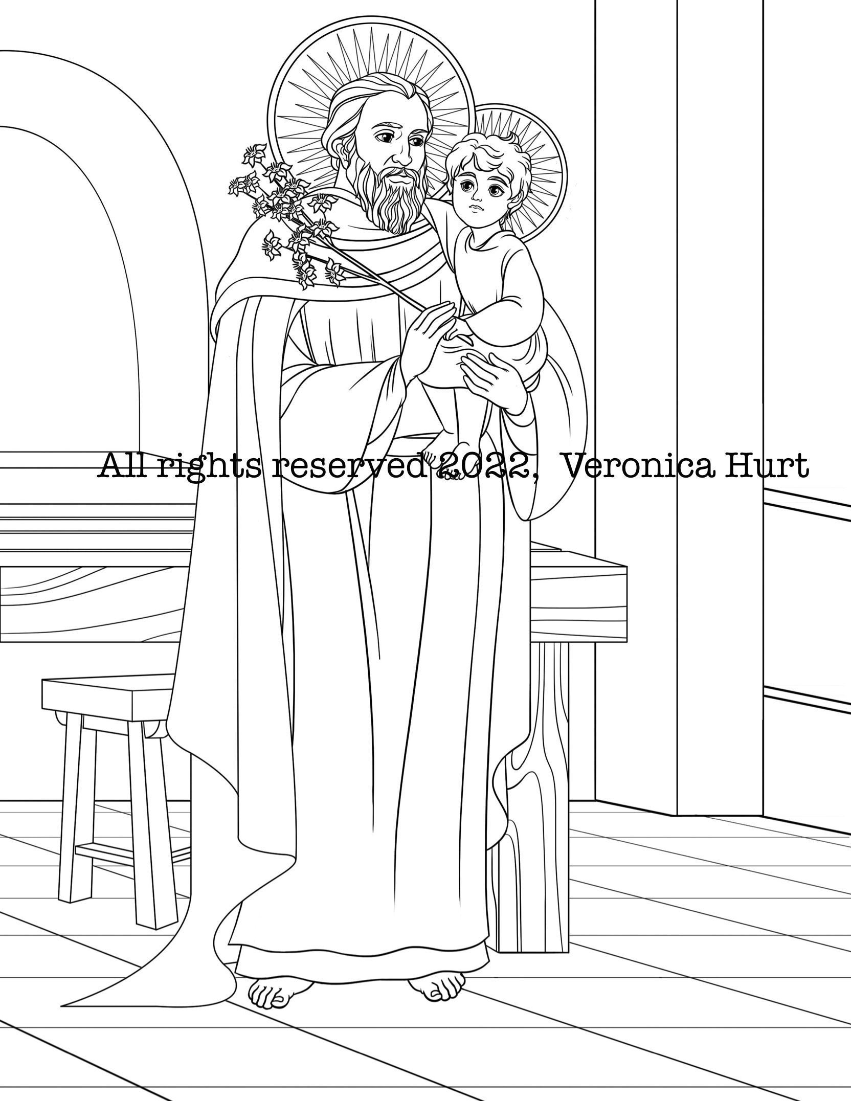 St joseph coloring page for kids and adults featuring st joseph and baby jesus