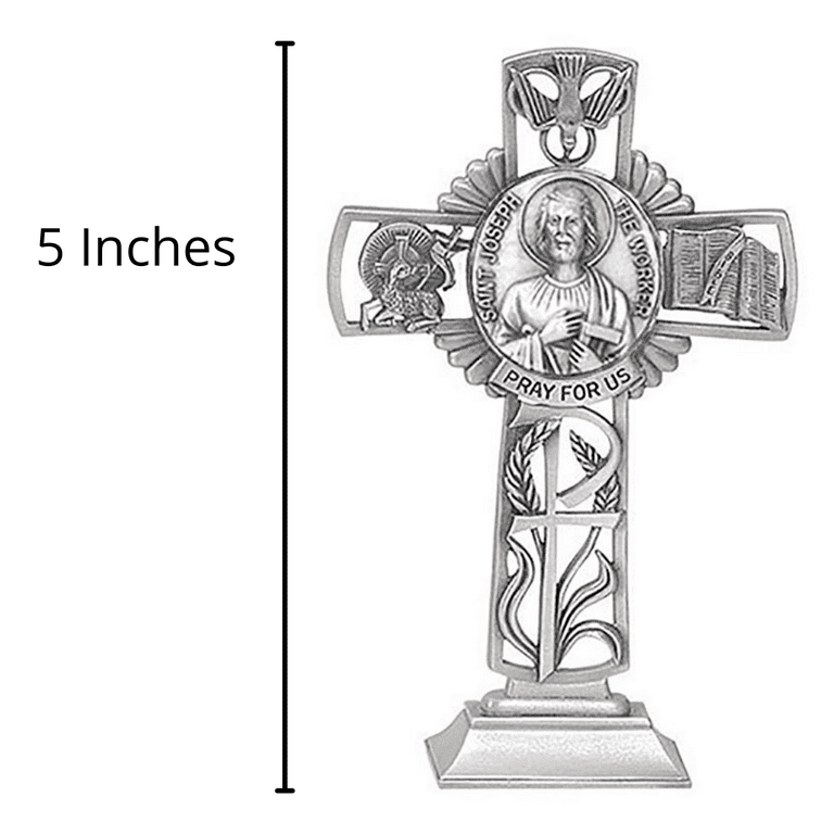 Jeweled cross pewter catholic saint st joseph the worker pray for us standing cross inch