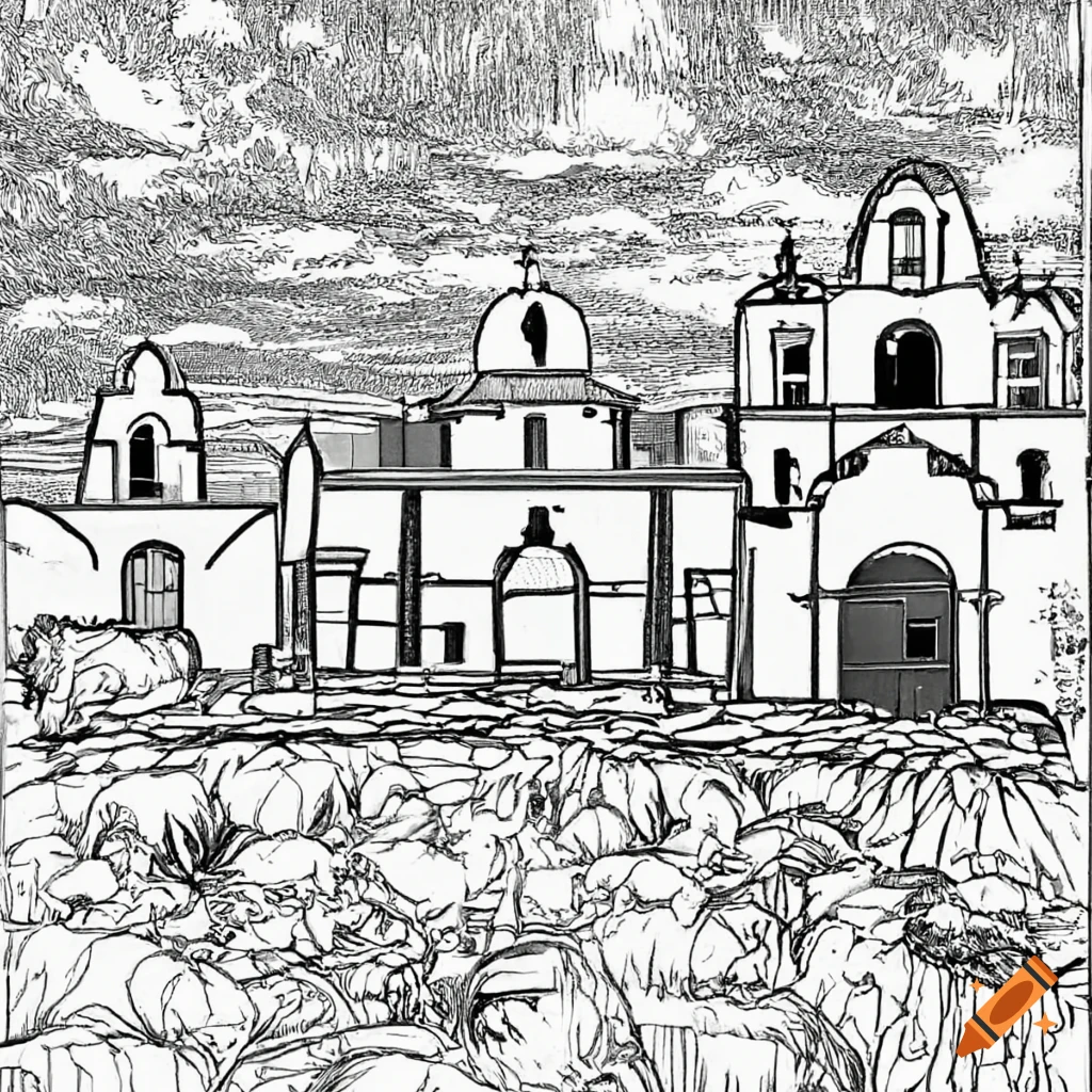 Black and white coloring page of mission san diego de alcalã on