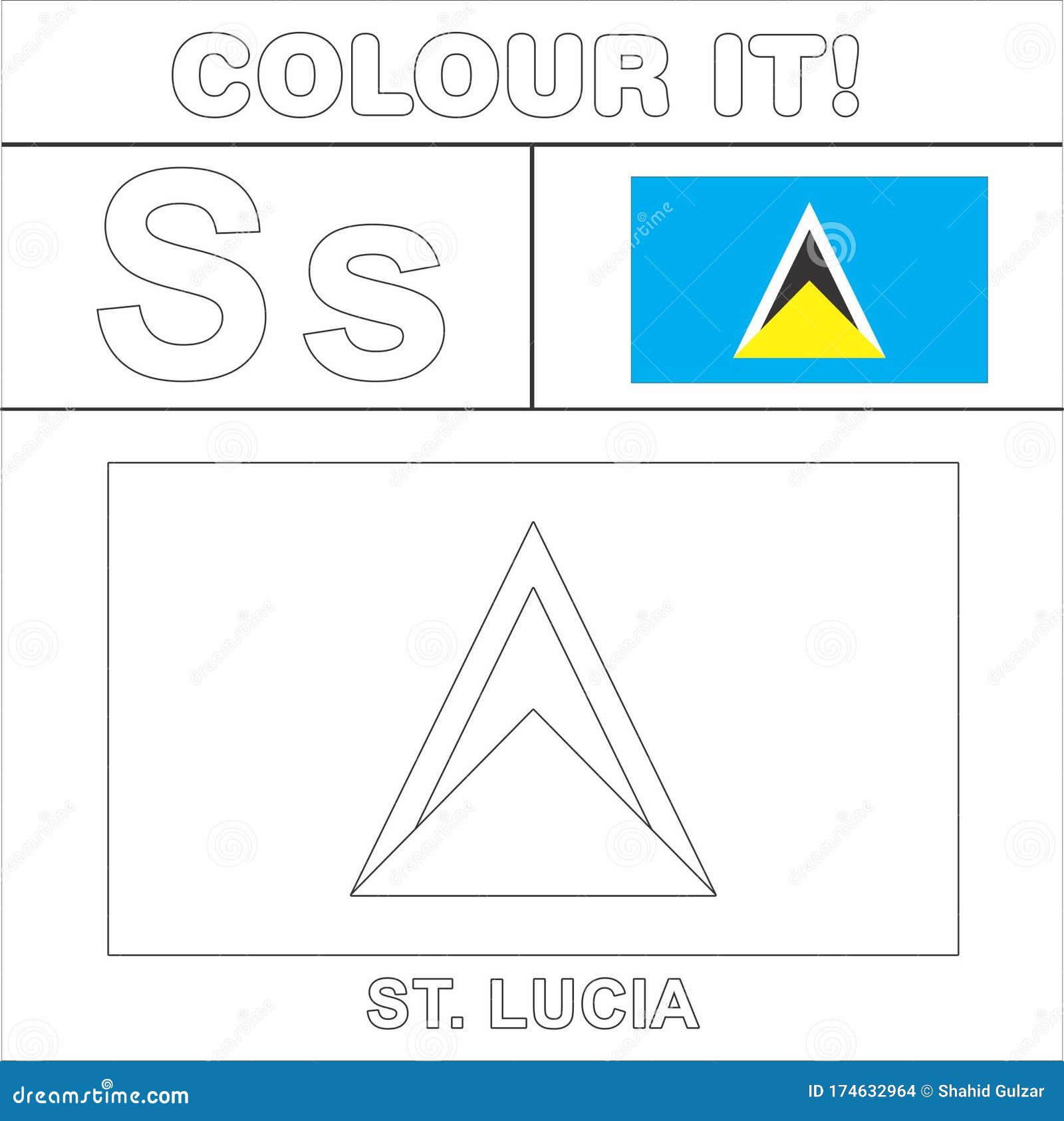 Colour it kids colouring page country starting from english letter s st lucia how to color flag stock illustration