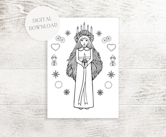 Lucia day colouring page digital download artwork saint lucy swedish lucia scandinavian christmas decor st lucia day download now