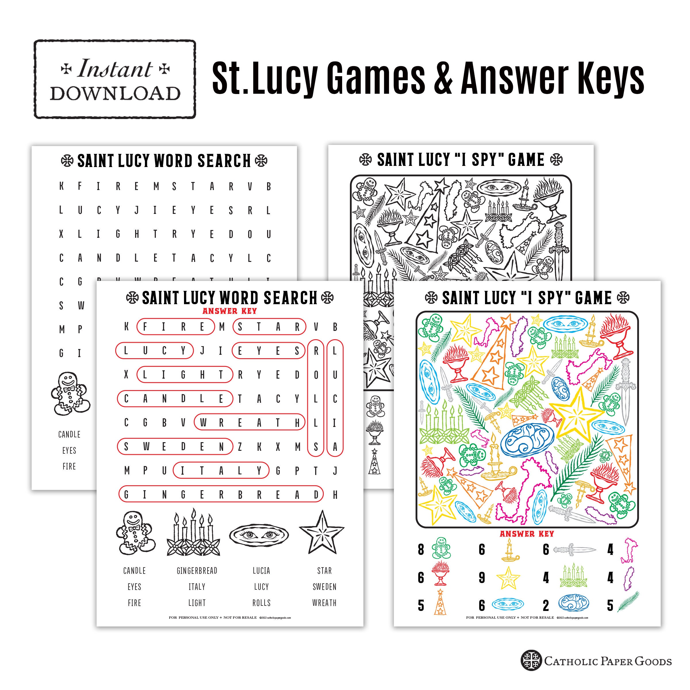 Saint lucy day activity bundle catholic coloring pages printable games answer key printable candle wreath star boy hat santa lucia day