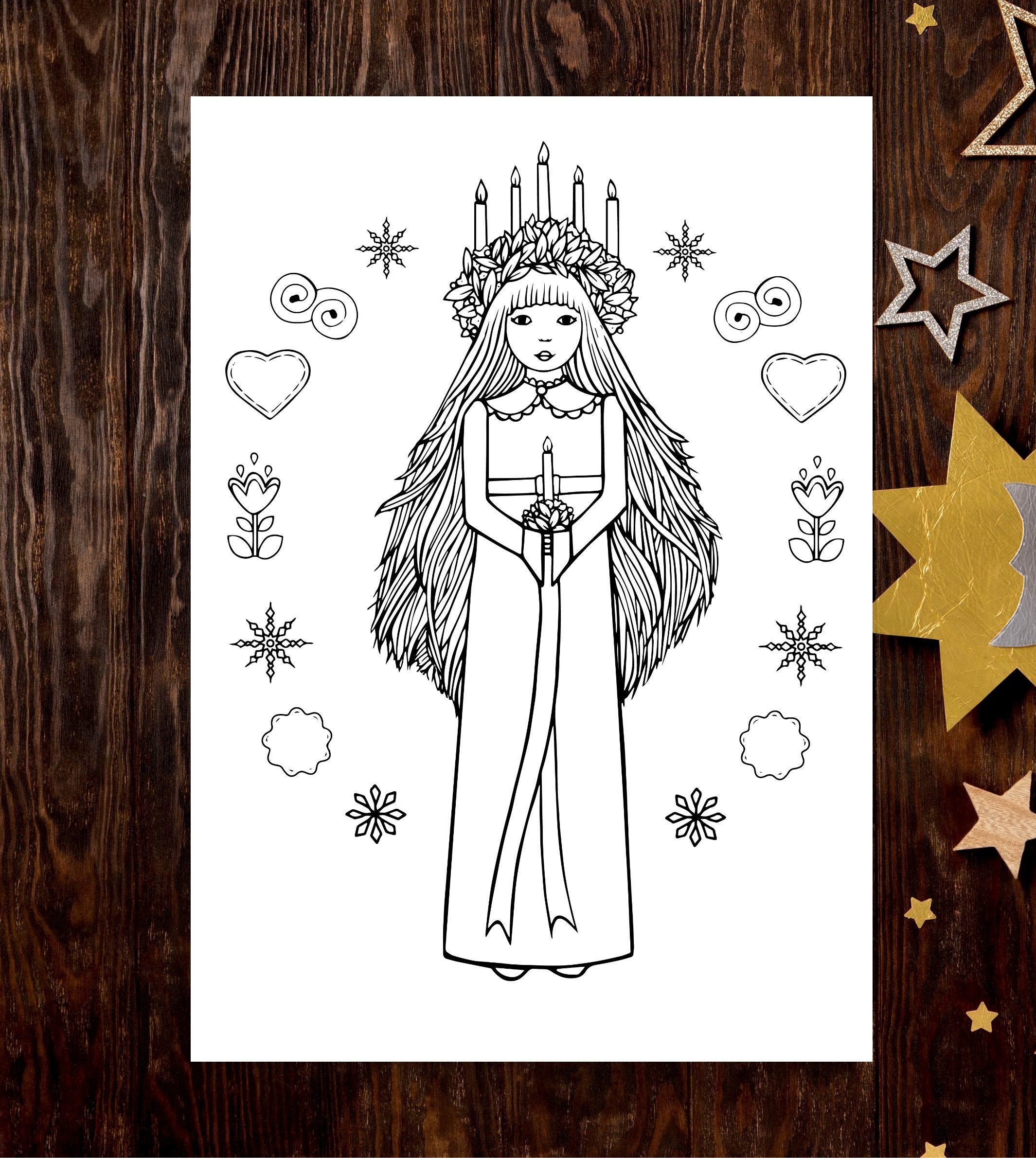 Lucia day colouring page digital download artwork saint lucy swedish lucia scandinavian christmas decor st lucia day download now