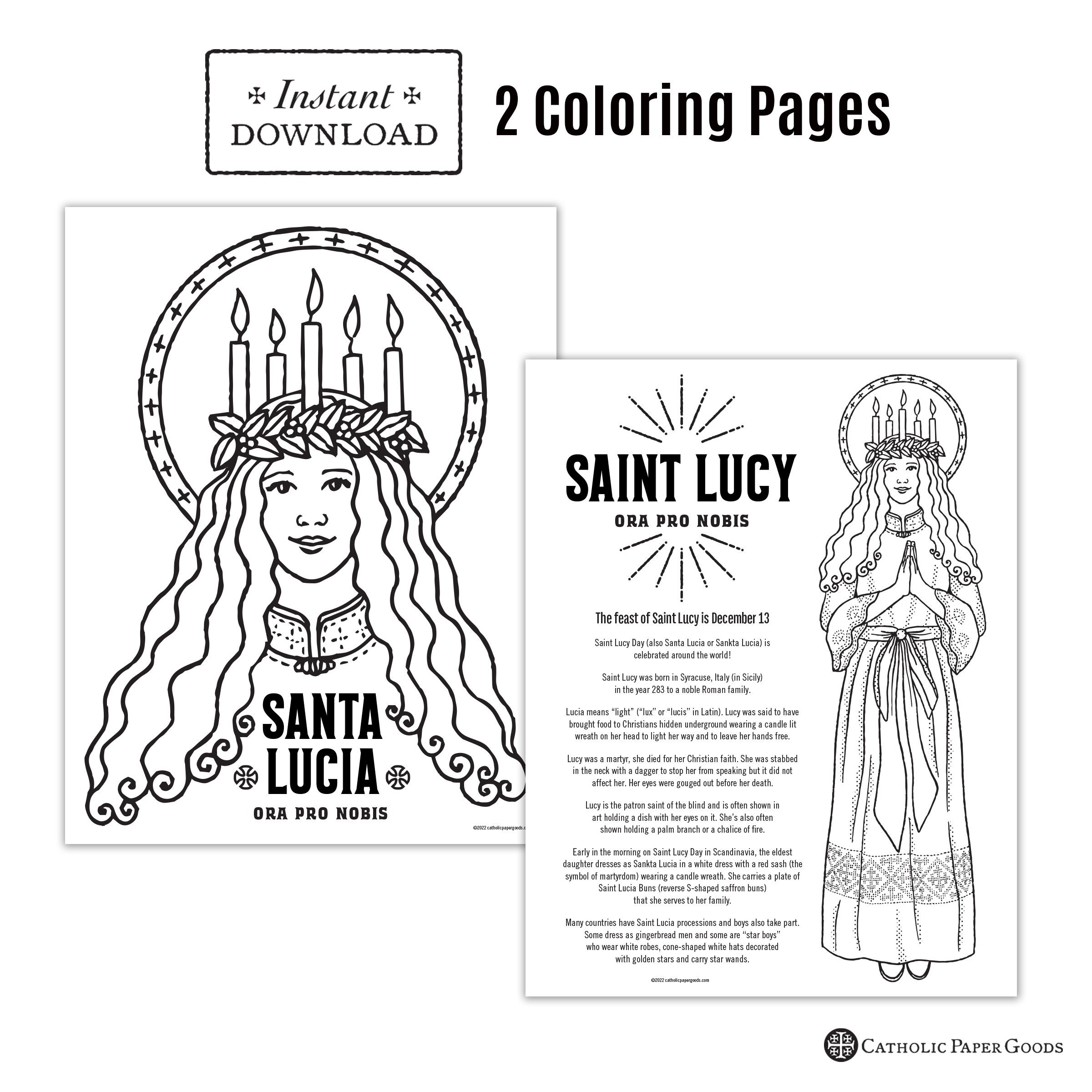 Saint lucy day activity bundle catholic coloring pages printable games answer key printable candle wreath star boy hat santa lucia day