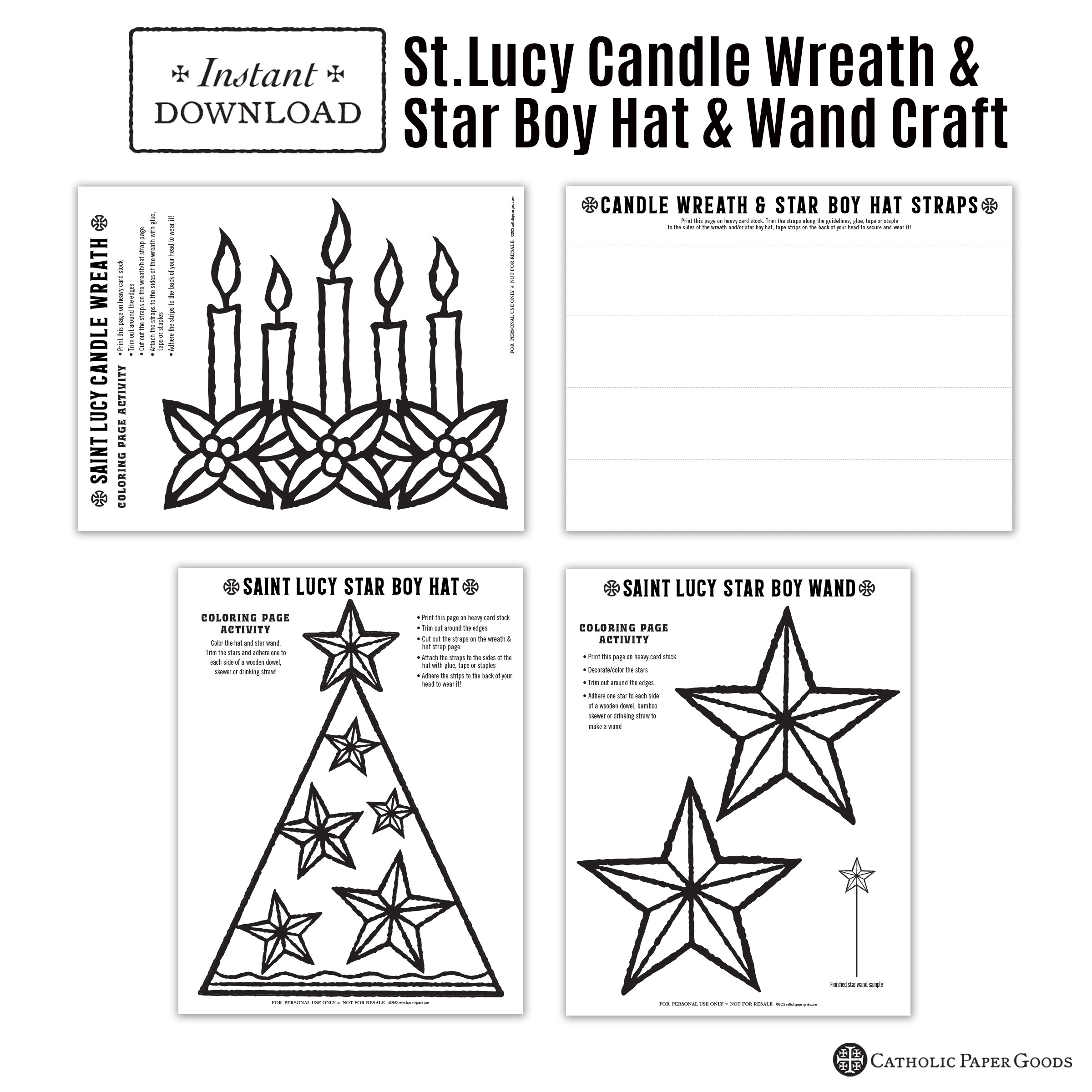 Saint lucy day activity bundle catholic coloring pages printable games answer key printable candle wreath star boy hat santa lucia day