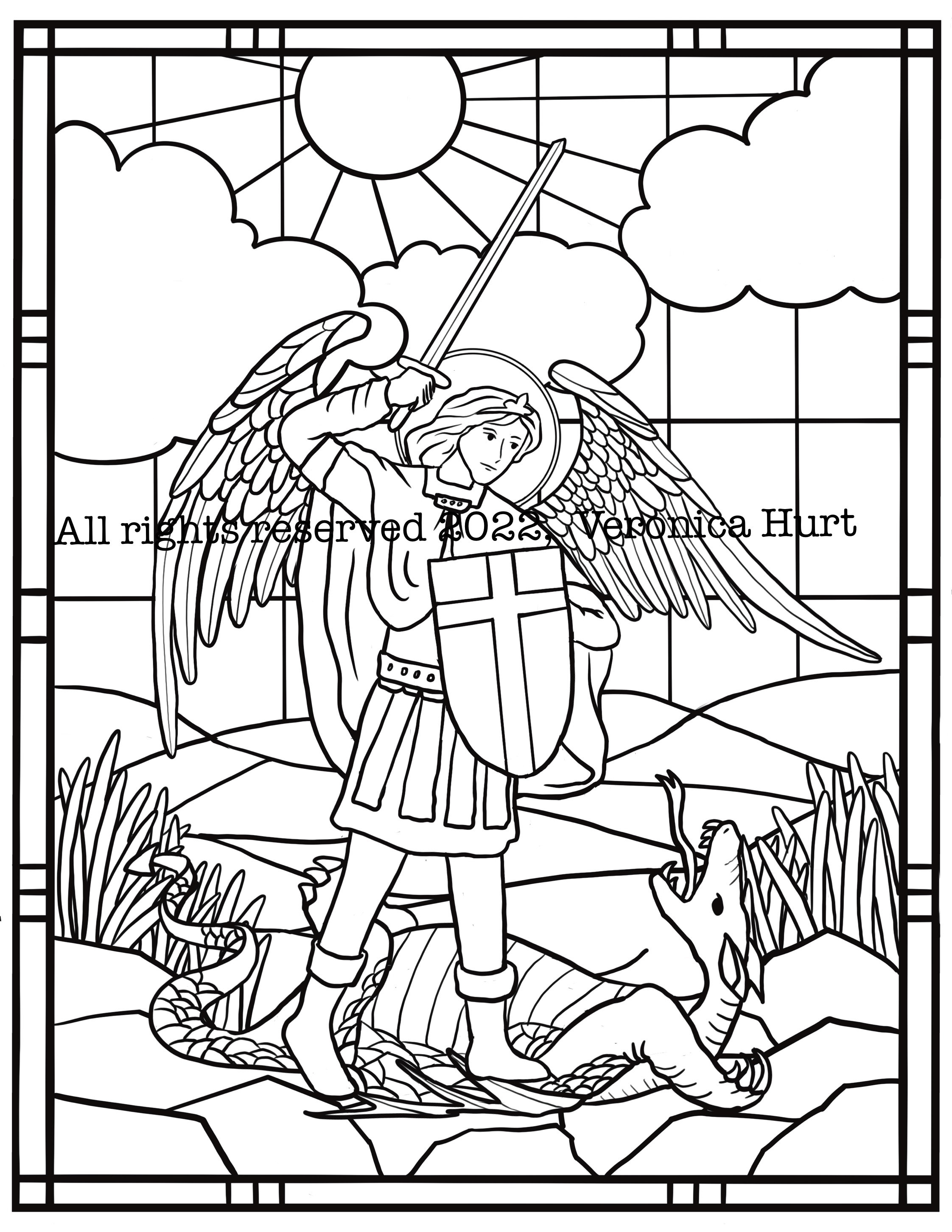 St michael the archangel stained glass coloring page for kids and adults