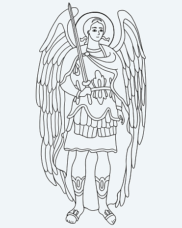 Protector archangel michael in armor with sword vector illustration outline hand drawing religious concept for catholic and orthodox munities and holidays of saint michael archangel stock illustration