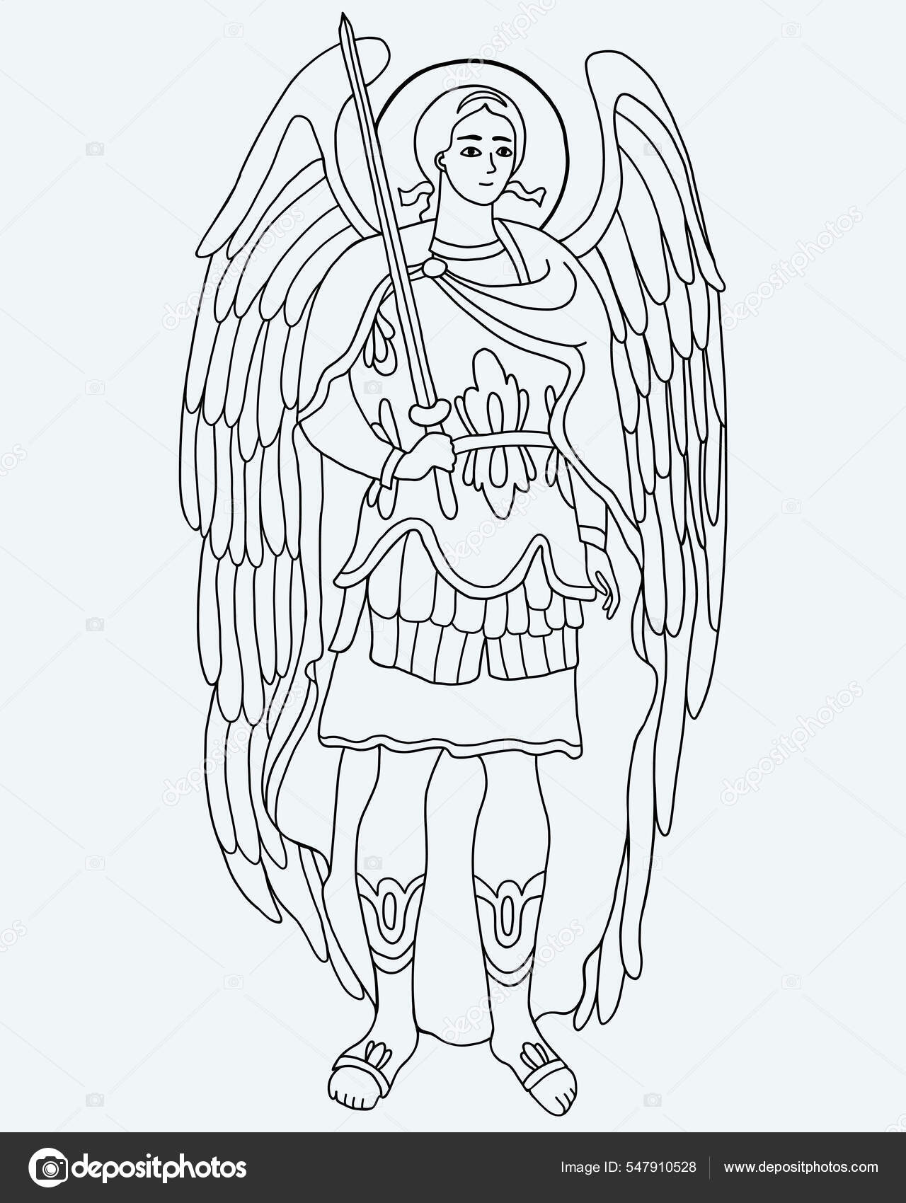 Archangel michael in armor with sword vector illustration outline hand drawing religious concept for catholic and orthodox munities and holidays of saint michael archangel stock vector by lysakluda