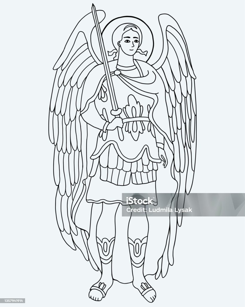 Protector archangel michael in armor with sword vector illustration outline hand drawing religious concept for catholic and orthodox munities and holidays of saint michael archangel stock illustration