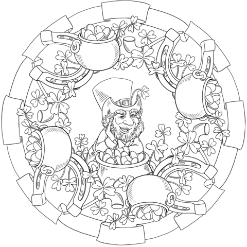 St patricks day mandala with leprechaun and pots of gold coloring page free printable coloring pages