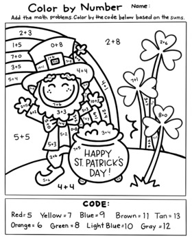 No prep st patricks day color by numbermath problems activity page