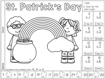 Color by number for st patricks day addition and subtraction coloring pages