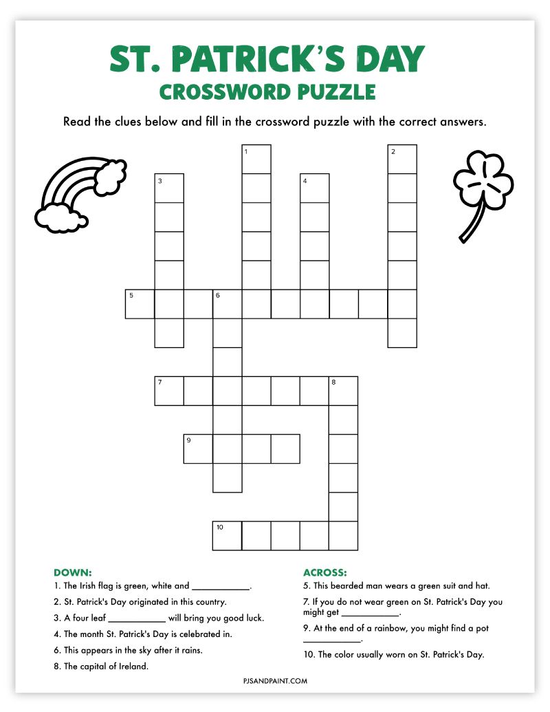 Free printable st patricks day crossword puzzle st patricks day words st patrick day activities st patricks day games