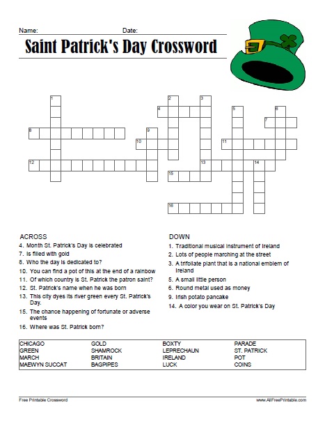 Saint patricks day crossword puzzle â free printable