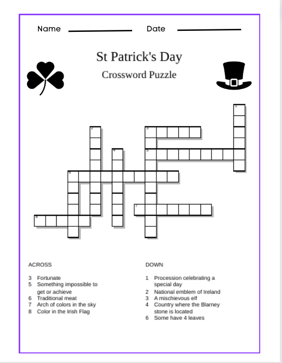 St patricks day games for kids word search crossword color page â jean burke studio