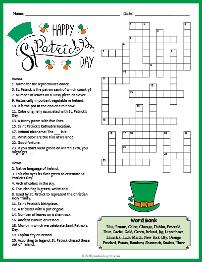 Saint patricks day crossword puzzle worksheet activity made by teachers