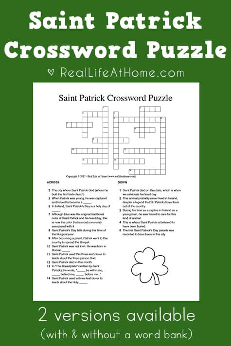 Saint patrick crossword puzzle free printable versions