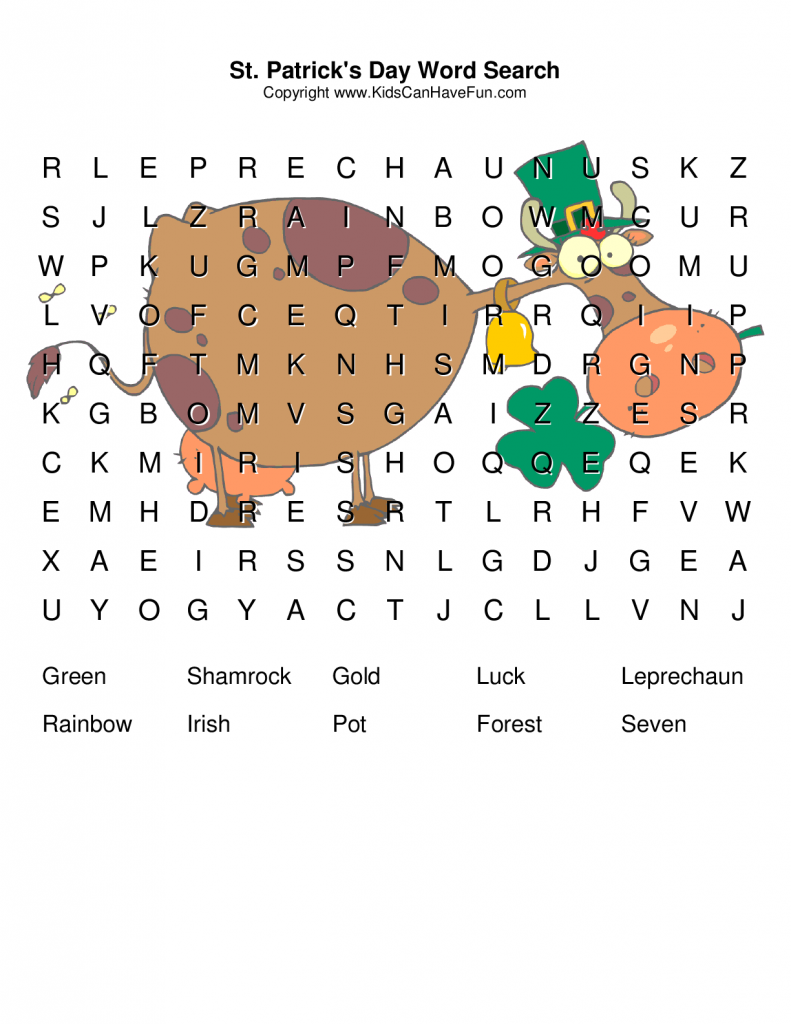 St patricks day puzzles for kids crossword word search