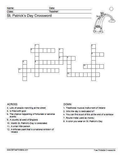 St patricks day crossword â free printable