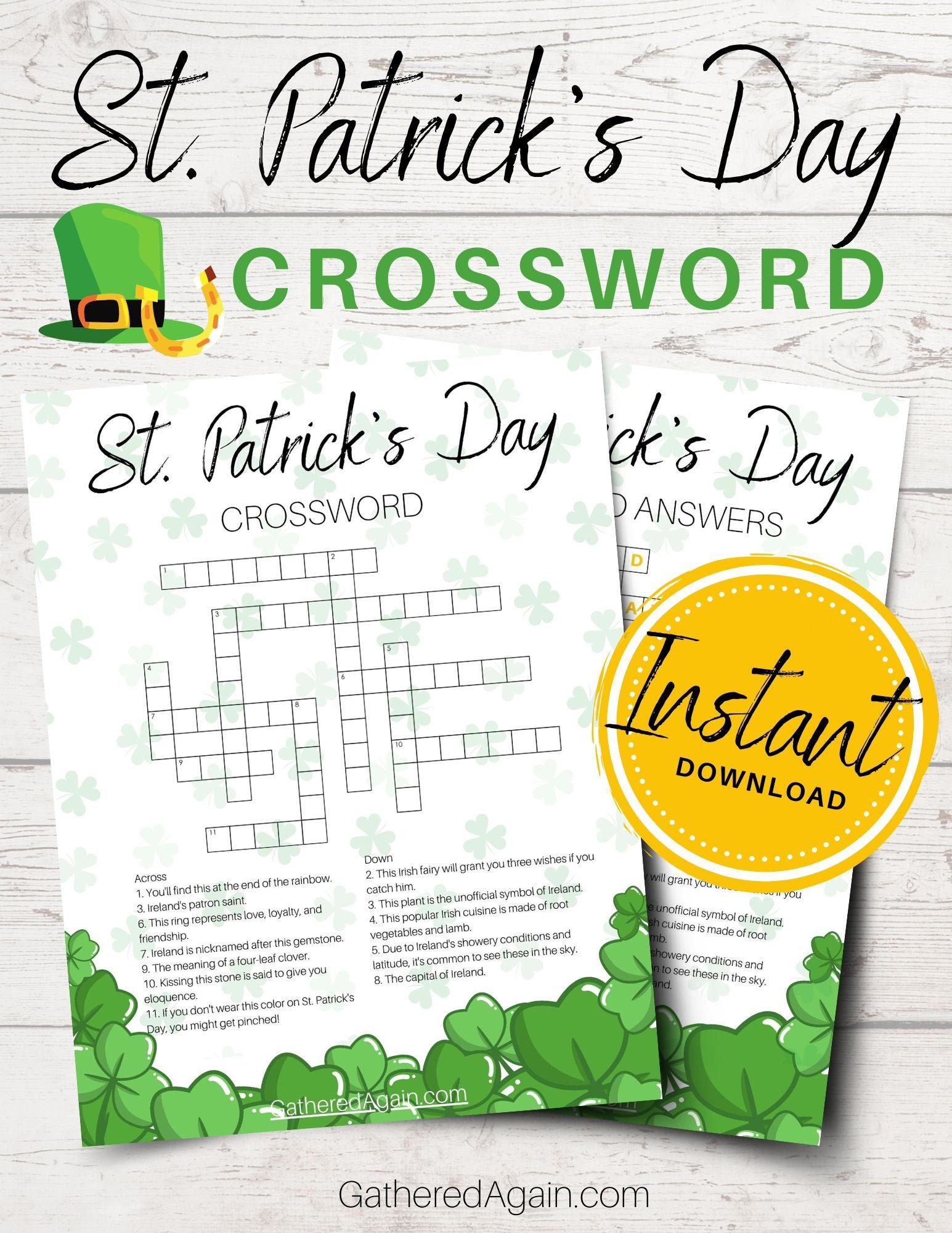 St patricks day crossword puzzle printable instant download pdf