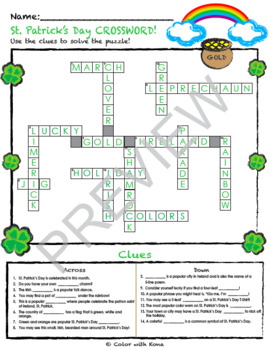 St patricks day crossword puzzle by color with kona tpt