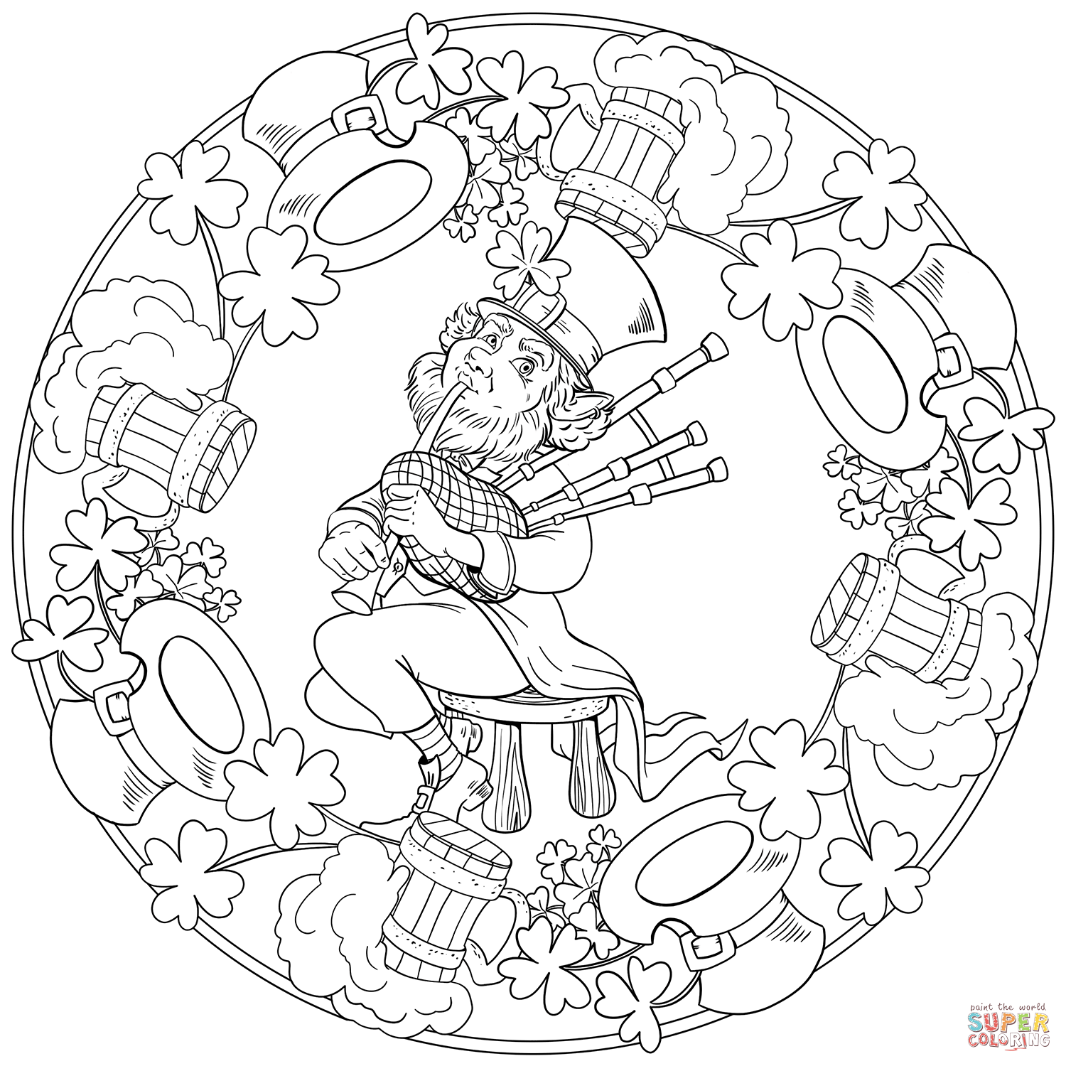 St patricks day mandala with leprechaun playing bagpipes hats and beer coloring page free printable coloring pages