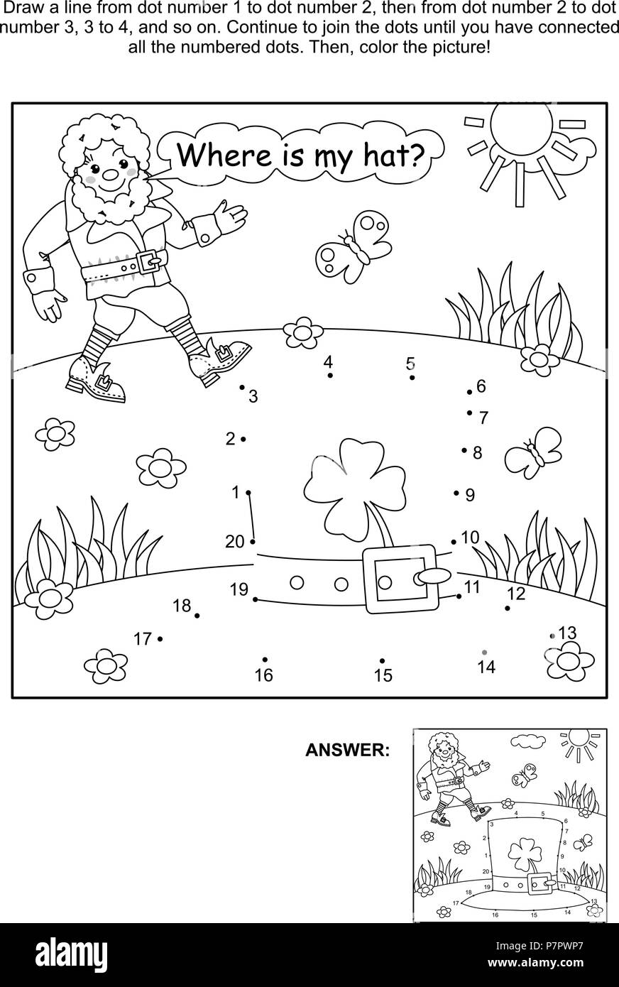 Where is my hat st patricks day themed connect the dots picture puzzle and coloring page with leprechaun and his hat answer included stock vector image art